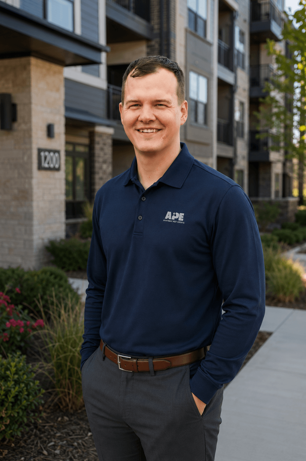 Neiko Anglin, Operations Manager, in APE uniform outside a Kansas City apartment building